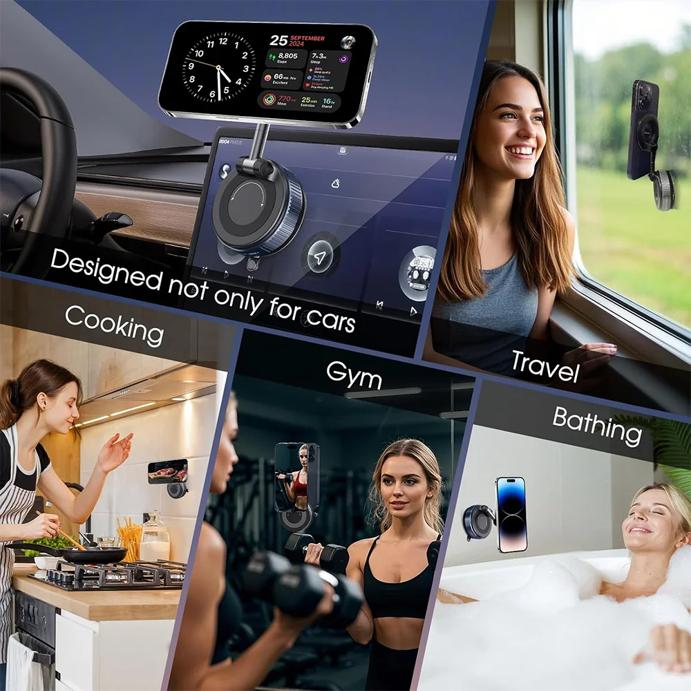 360° Rotatable Vacuum Magnetic Phone Holder, Foldable and Retractable Suction Cup Car Phone Mount for Car/Gym/Mirror/Smooth